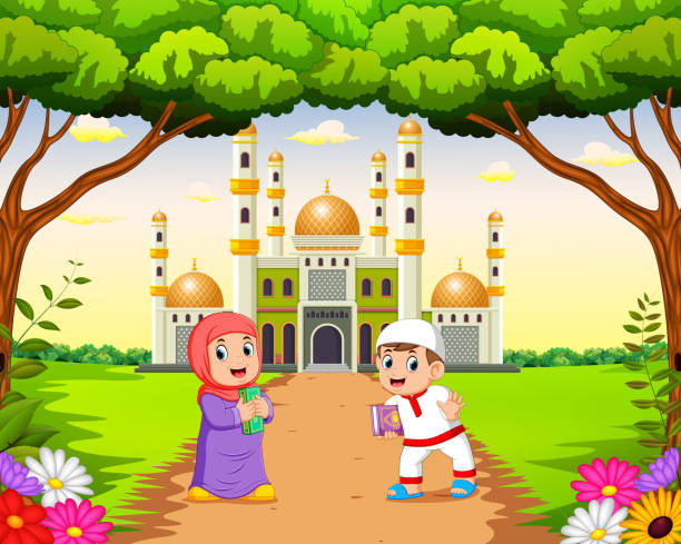 illustration of the children are walking and playing near the beautiful mosque